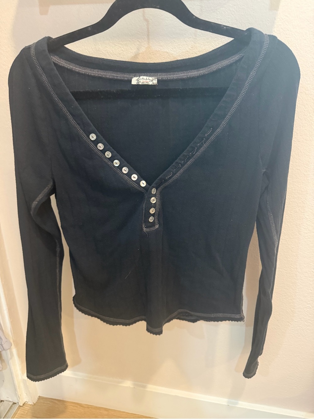 Free People Black Ribbed Henley Long Sleeve Top Contrast Stitch Y2K